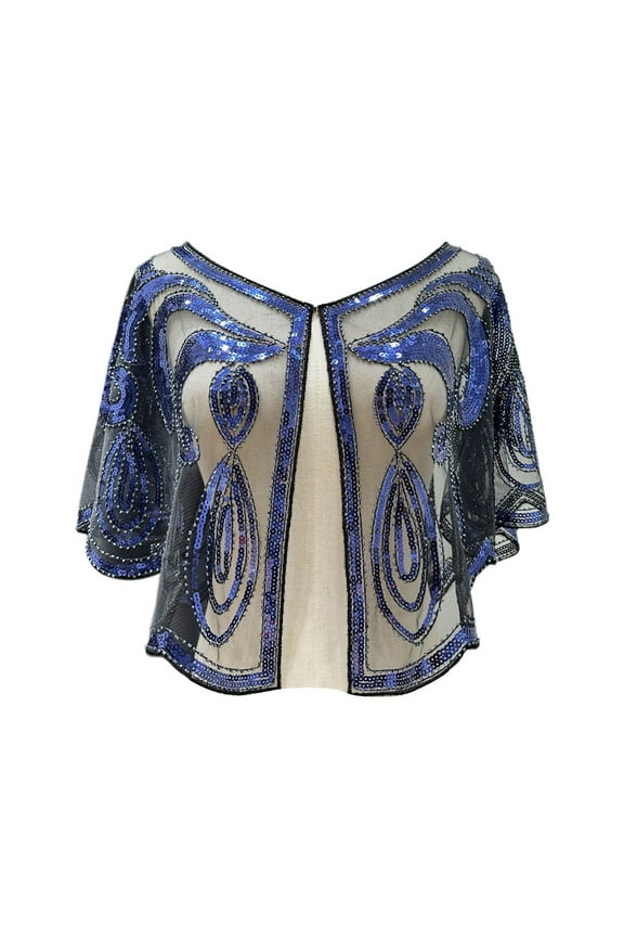 1920s Flapper Evening Shawl with Sequin Beaded Detail for Women's Formal Party Wedding Attire Blue One Size