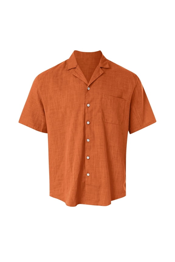 2025 Men's Linen Shirt Hawaii Channeling Hugh Lapel Shirt Casual Sports Beach Short Sleeved Shirt Mens Shirts Orange XXL