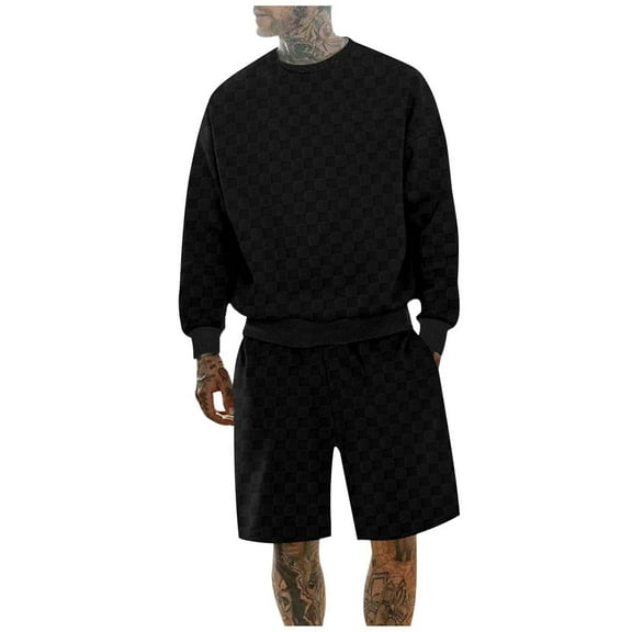 Fgnfyis 2025 Men's Loose Casual Checkerboard Sports Shorts Crew Neck Long Sleeve T Shirt Two Piece Set 2 Piece Sets Men Outfit Black S