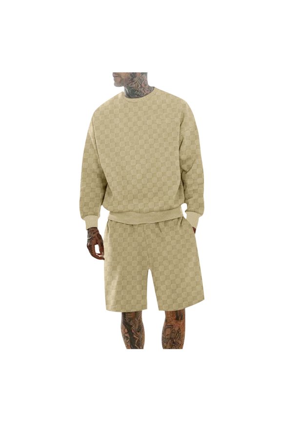 2025 Men's Loose Casual Checkerboard Sports Shorts Crew Neck Long Sleeve T Shirt Two Piece Set 2 Piece Sets Men Outfit Khaki S