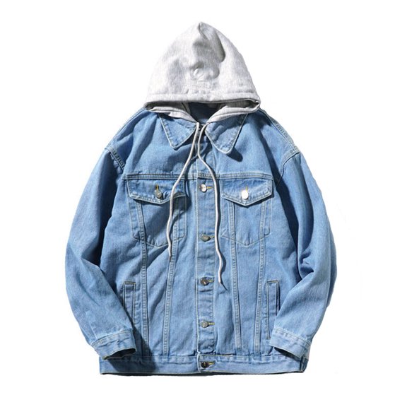 Fgnfyis 2025 Spring and Autumn Men's Hooded Denim Jacket Fashion Loose Plus Size Denim Jacket Men Sweatshirts Light Blue L