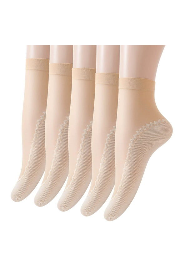 5 Pairs Women's Solid Patterned Bottom Non- Breathable Mid Socks Ankle Socks for Women for Comfort and Style Beige