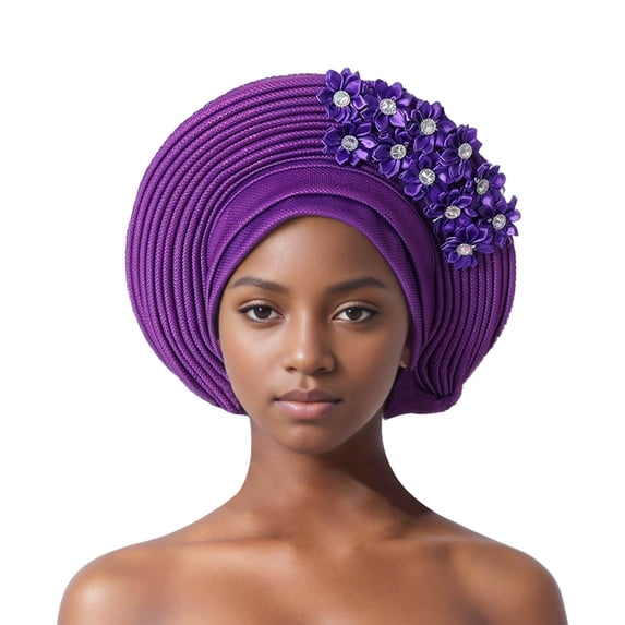 Fgnfyis Auto African Head Tie Aso Oke Headwraps Turban Wedding Party Handmade Elegant Hair Wear Beret Cap Purple One Size