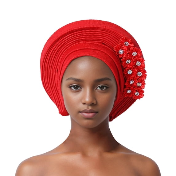 Fgnfyis Auto African Head Tie Aso Oke Headwraps Turban Wedding Party Handmade Elegant Hair Wear Beret Cap Red One Size