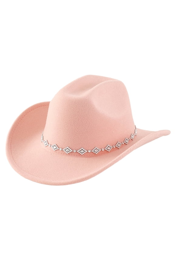 Bohemian Style Fedora Cowboy Hat Men and Women with Rhinestone Embellishments on Curved Brim Fashion Western Accessory Light Pink