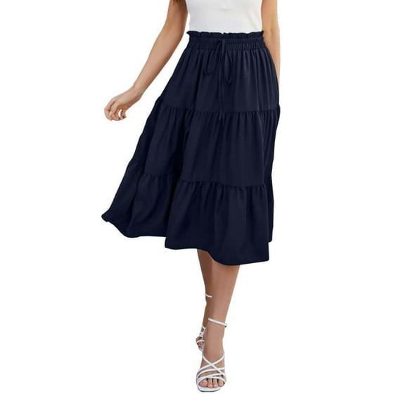 Fgnfyis Bohemian Style Tiered Flared Midi Skirt for Women Flowing A-Line Skirt with Lightweight Fabric for Casual Wear and Beach Outings Navy M