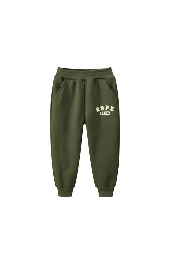 Boys Autumn Winter Cartoon Alphabet Print Lined Long Sport Pants with Ankles for Comfort Army Green 12-18 Months