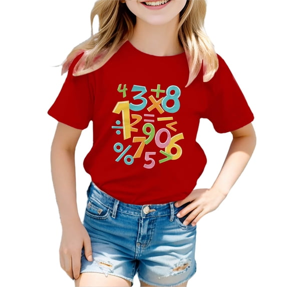 Fgnfyis Boys T Shirts Childrens Cute Math Themed Casual and Versatile T Shirt Girls Tops Red 7-8 Years