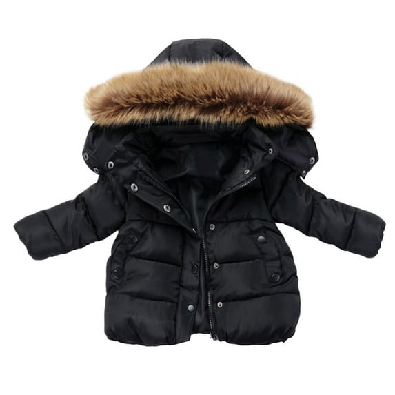 Fgnfyis Boys Winter Jacket with Hooded Zipper Front Solid Color Warm Outerwear for Children Coats and Hoodies Black 18-24 Months