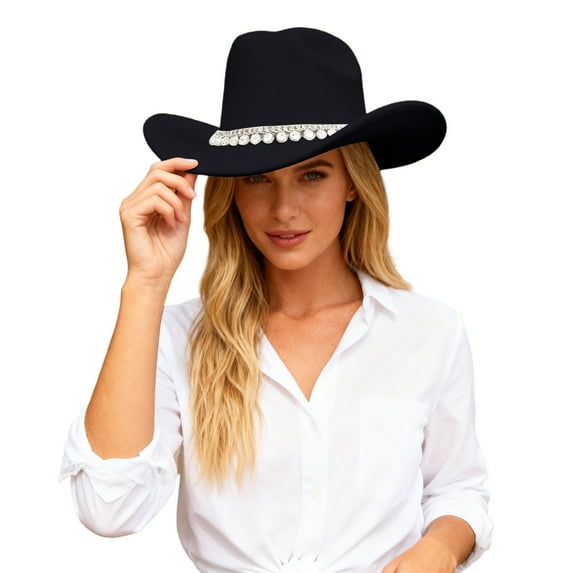 Fgnfyis British Style Cowboy Hat Elegant Wide Brim Western Rancher with Classic Embellishment for Fashion Outdoors Cowboy Hats for Women Black