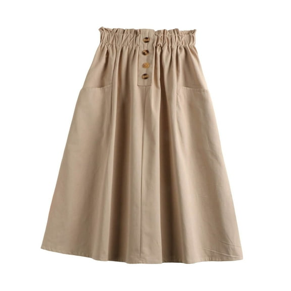 Fgnfyis Button Front Skirt Spring and Summer Age Reduction Temperament Women's Korean Version Japanese Elastic Waist Mid Length Casual A-Line Skirt Khaki One Size