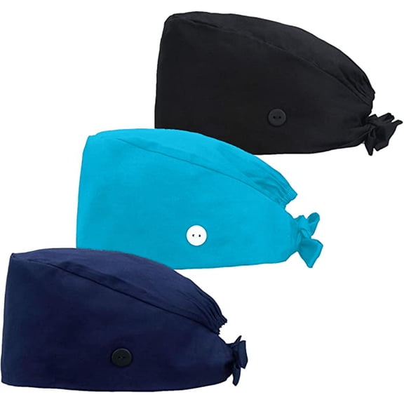 Fgnfyis Caps for Women 3 Pack Unisex Solid Color Scrub Hat Breathable Dome Cap with Buttons Work Wrap Cap Black One Size