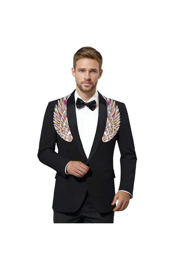 Carnival Mens Blazer Stage Performance Jacket with Glitter Sequin Wing Design for Nightclub and Evening Show Mens Jacket Black_002 XS