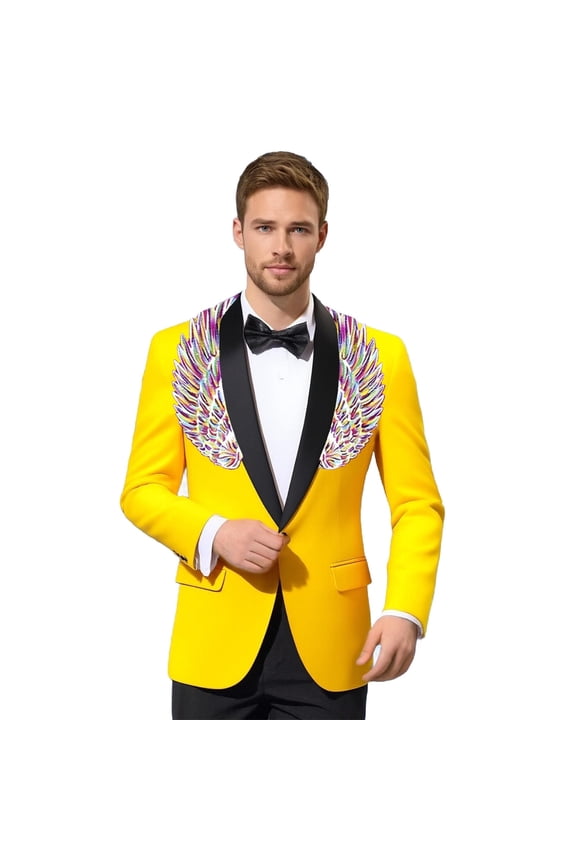Carnival Mens Blazer Stage Performance Jacket with Glitter Sequin Wing Design for Nightclub and Evening Show Mens Jacket Yellow_002 XS