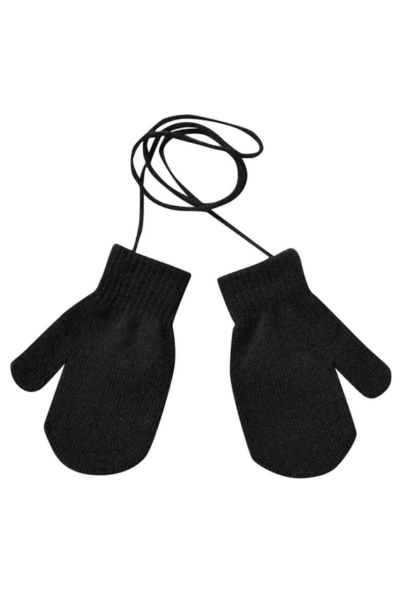 Children Winter Warm Solid Knitted Cute Gloves with String for Toddlers and Preschool Age Kids Neck and Play Black