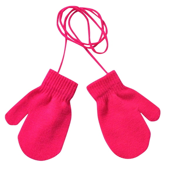 Fgnfyis Children Winter Warm Solid Knitted Cute Gloves with String for Toddlers and Preschool Age Kids Neck and Play Hot Pink
