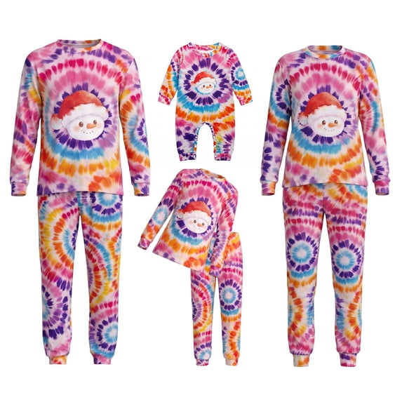 Fgnfyis Christmas Pajamas for Family Tie Dye Snowman Print Long Sleeve Soft Cozy 2 Piece Pajamas Set Tops Pants Sleepwear