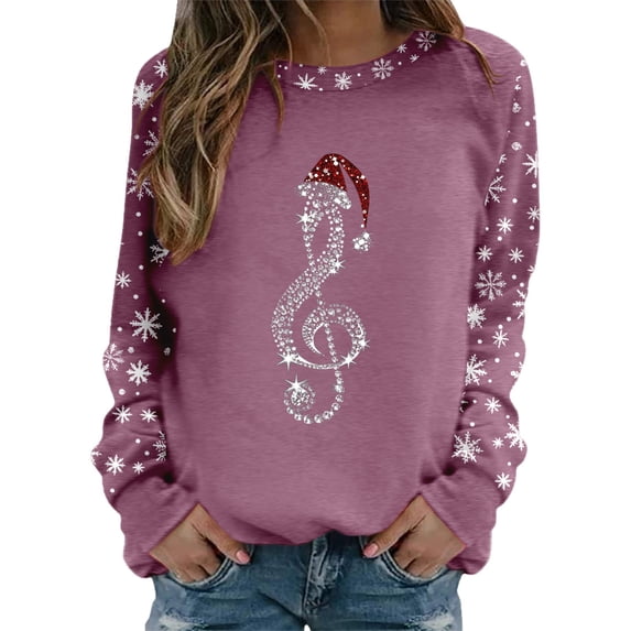 Fgnfyis Christmas Sweatshirts for Women Casual Treble Print Long Sleeve Crewneck Pullover Soft Womens Sweatshirt