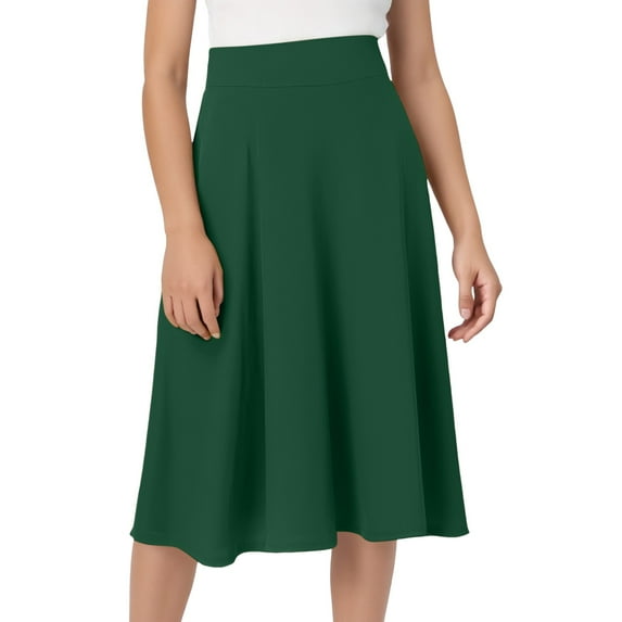Fgnfyis Comfortable Basic Solid Color Stretch A-Line Flared Knee Length Skirt for Women Versatile Wardrobe Staple Green XL