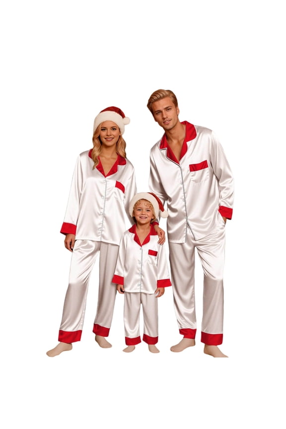 Comfortable Family Matching Pajamas Long Sleeve Silk Like Sleepwear for Parents and Kids Holiday Cozy Loungewear Outfits for Kids White 7-8 Years