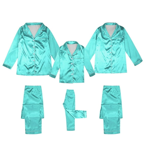 Fgnfyis Comfortable Mint Green Imitation Silk Long Sleeved Parent Child Pajamas Solid Color 2 Piece Set Family Imitation Silk Set for Mom Mint Green S