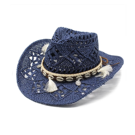 Fgnfyis Cowboy Hat Men and Women Summer Western Shapeable Straw Hat Handwoven Hollowed Out Sun Hat for Outdoor Navy_003