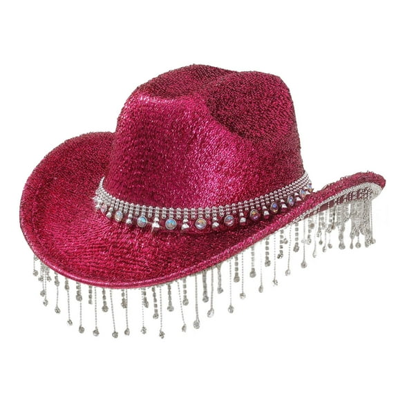 Fgnfyis Cowboy Hat for Men and Women with Shiny 3D Round Gemstones and Rhinestone Fringes Western Style Fashion Sun Hats for Women Outdoor Red