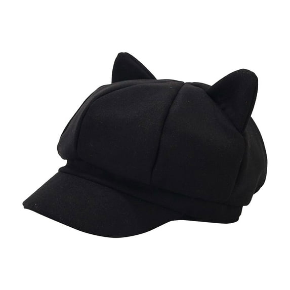 Fgnfyis Cute Cat Ears Classic Beret for Women Solid Color Painter Hat Retro Eight-Panel Women's Hats Black