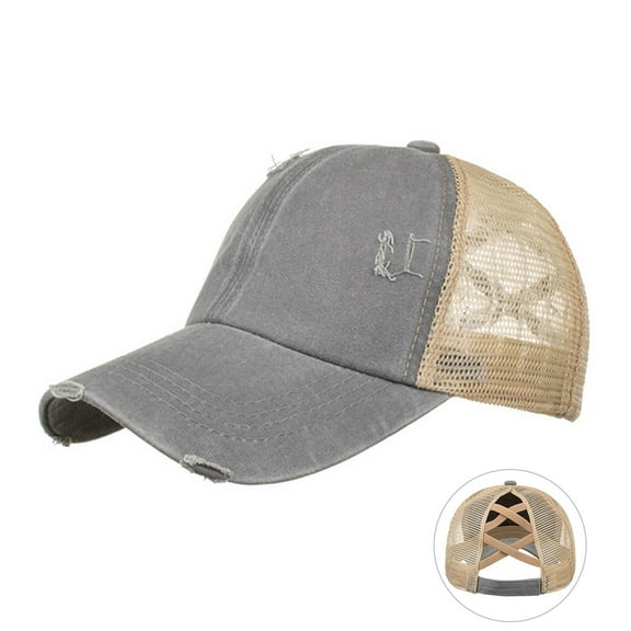 Fgnfyis Distressed Baseball Cap Unstructured Adjustable Snapback Washed Denim Ponytail Hat with Breathable Mesh Grey One Size