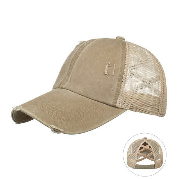 Fgnfyis Distressed Baseball Cap Unstructured Adjustable Snapback Washed Denim Ponytail Hat with Breathable Mesh Khaki One Size