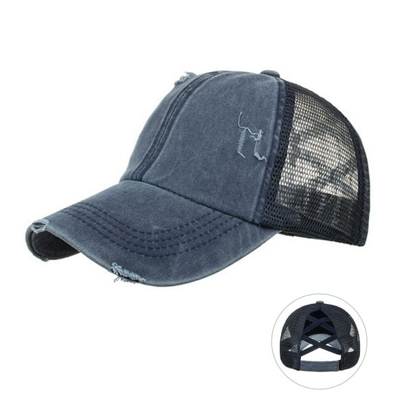 Fgnfyis Distressed Baseball Cap Unstructured Adjustable Snapback Washed Denim Ponytail Hat with Breathable Mesh Navy One Size