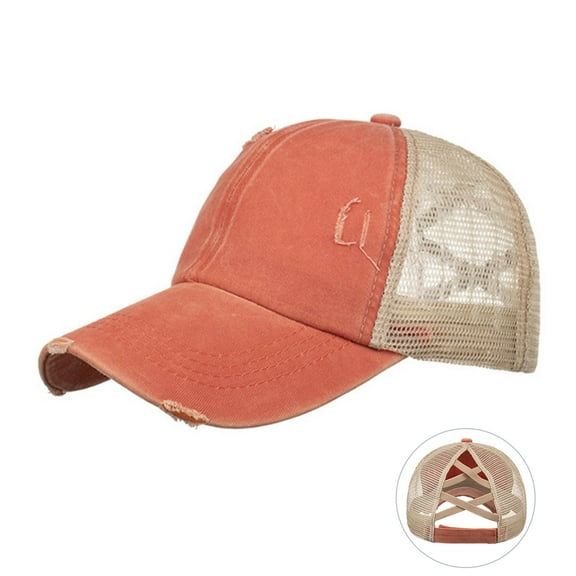 Fgnfyis Distressed Baseball Cap Unstructured Adjustable Snapback Washed Denim Ponytail Hat with Breathable Mesh Orange One Size