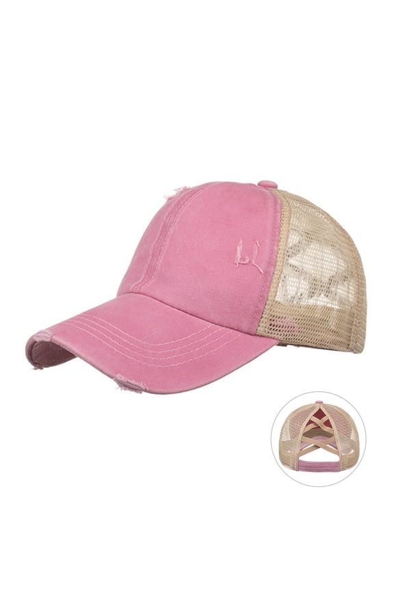Distressed Baseball Cap Unstructured Adjustable Snapback Washed Denim Ponytail Hat with Breathable Mesh Pink One Size