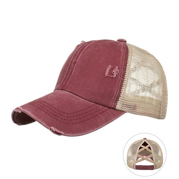 Fgnfyis Distressed Baseball Cap Unstructured Adjustable Snapback Washed Denim Ponytail Hat with Breathable Mesh Red One Size