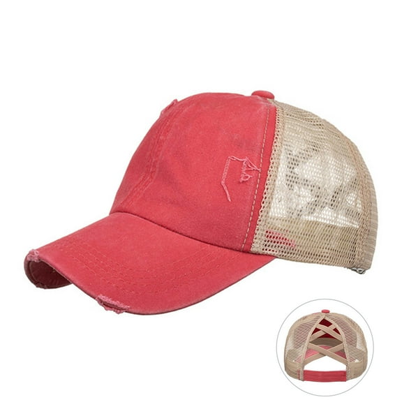 Fgnfyis Distressed Baseball Cap Unstructured Adjustable Snapback Washed Denim Ponytail Hat with Breathable Mesh Watermelon Red One Size