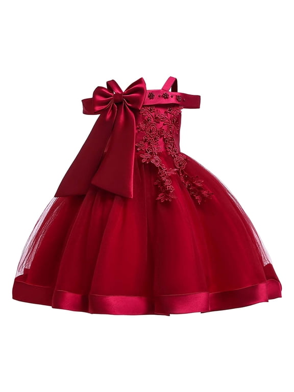 Dresses for Girls Fashion off Shoulder Bow Sleeveless Evening Gown Pageant Birthday Stage Performance Toddler Summer Dress 3-4 Years