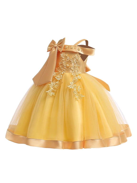 Dresses for Girls Fashion off Shoulder Bow Sleeveless Evening Gown Pageant Birthday Stage Performance Toddler Summer Dress Yellow 3-4 Years