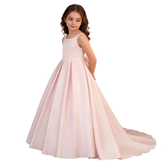Fgnfyis Dresses for Girls Satin Wedding Pageant Sleeveless Back Bow Sash Performance Gown Girls Summer Dress Pink 8 Years