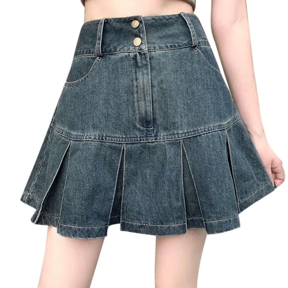 Fgnfyis Elegant A-Line Button Culottes Trousers for Women Summer High Waist Asymmetrical Jeans Trouser Skirt Fashion Casual Blue M