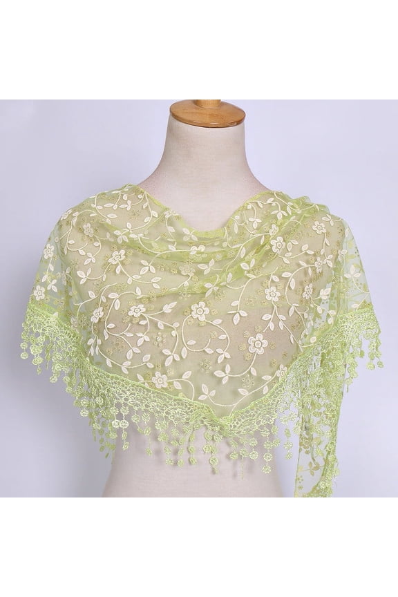Elegant Floral Lace Tassel Wrap Shawl Sheer Scarf for Women Green One Size