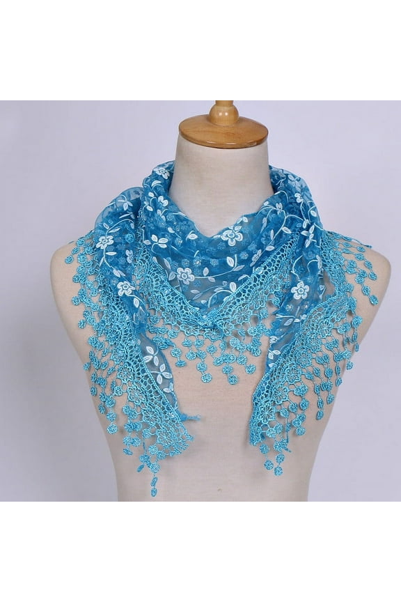 Elegant Floral Lace Tassel Wrap Shawl Sheer Scarf for Women Sky Blue One Size