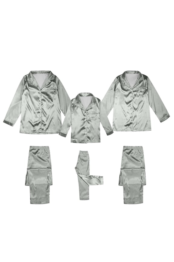 Elegant Grey Silk Long Sleeved Parent Child Pajamas Solid Color 2 Piece Set Family Imitation Silk Set for Mom Grey XXL