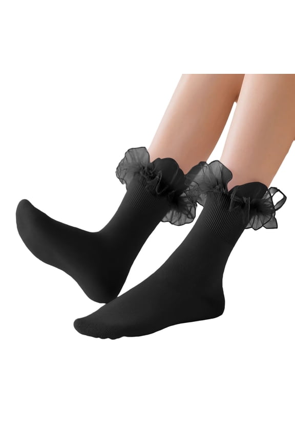Elegant Lace Trimmed Thigh High Socks with Ruffle Detail for Women Comfortable Stretchable Fashionable Hosiery Stockings Black