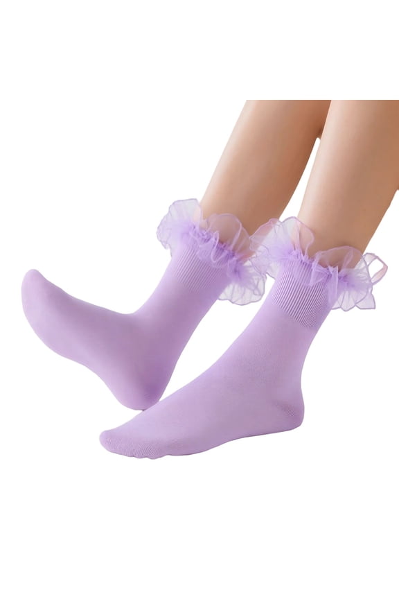 Elegant Lace Trimmed Thigh High Socks with Ruffle Detail for Women Comfortable Stretchable Fashionable Hosiery Stockings Purple