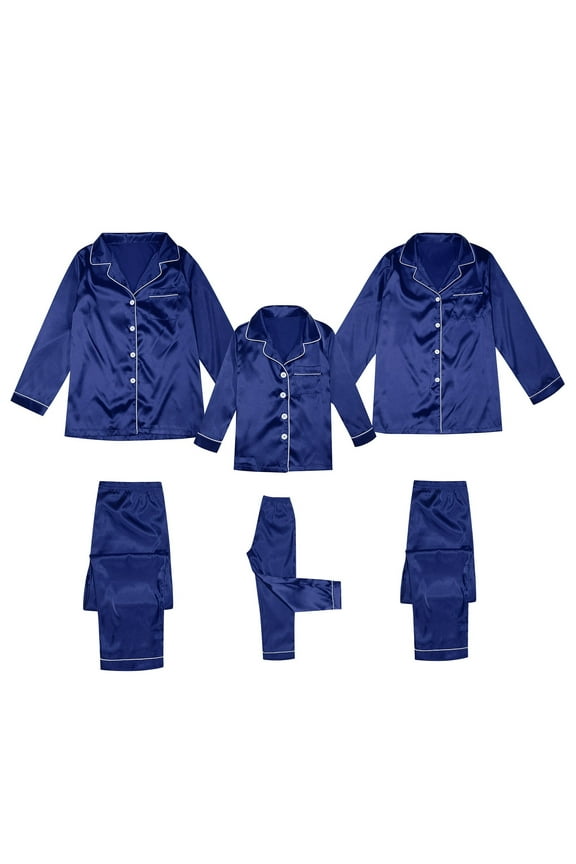 Elegant Long Sleeve Satin Silk Button Down Pajamas Set Solid 2 Piece Family Set Sleepwear Loungewear Nightwear for Kids and Family Navy 3-4 Years