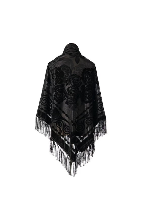 Elegant Retro Velvet Jacquard Shawl Large Square Scarf With Fringe Trim For Women Outerwear And Cheongsam Style Accessory Black One Size