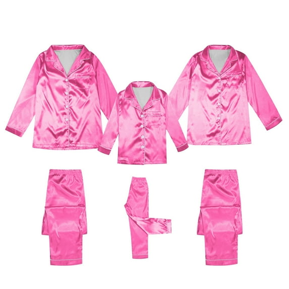 Fgnfyis Elegant Rose Red Silk Long Sleeve Parent Child Pajama Solid Color 2 Piece Set Family Imitation Silk Set for Dad Hot Pink XL