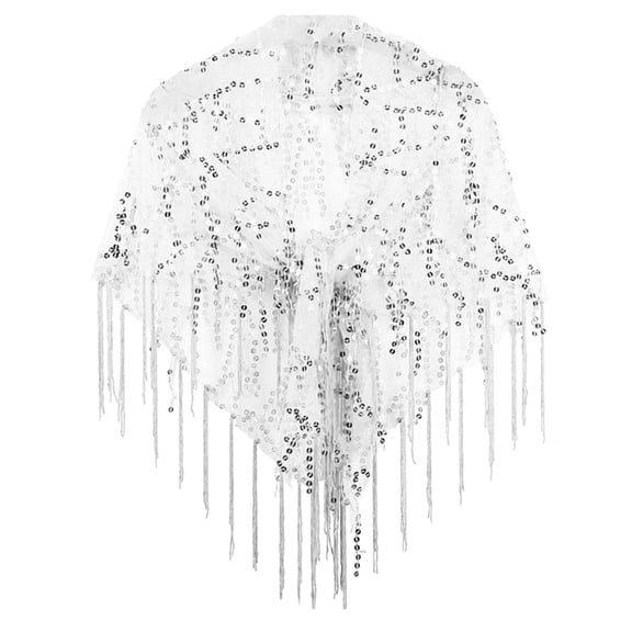 Fgnfyis Elegant Sequined Tassel Shawl Wrap Lightweight Blouse Up Silver One Size