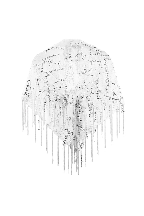 Elegant Sequined Tassel Shawl Wrap Lightweight Blouse Up Silver One Size