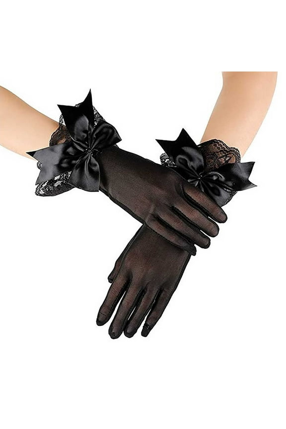 Elegant Short Lace Mesh Gloves with Delicate Bow for Wedding Opera and Tea Party Events Black One Size